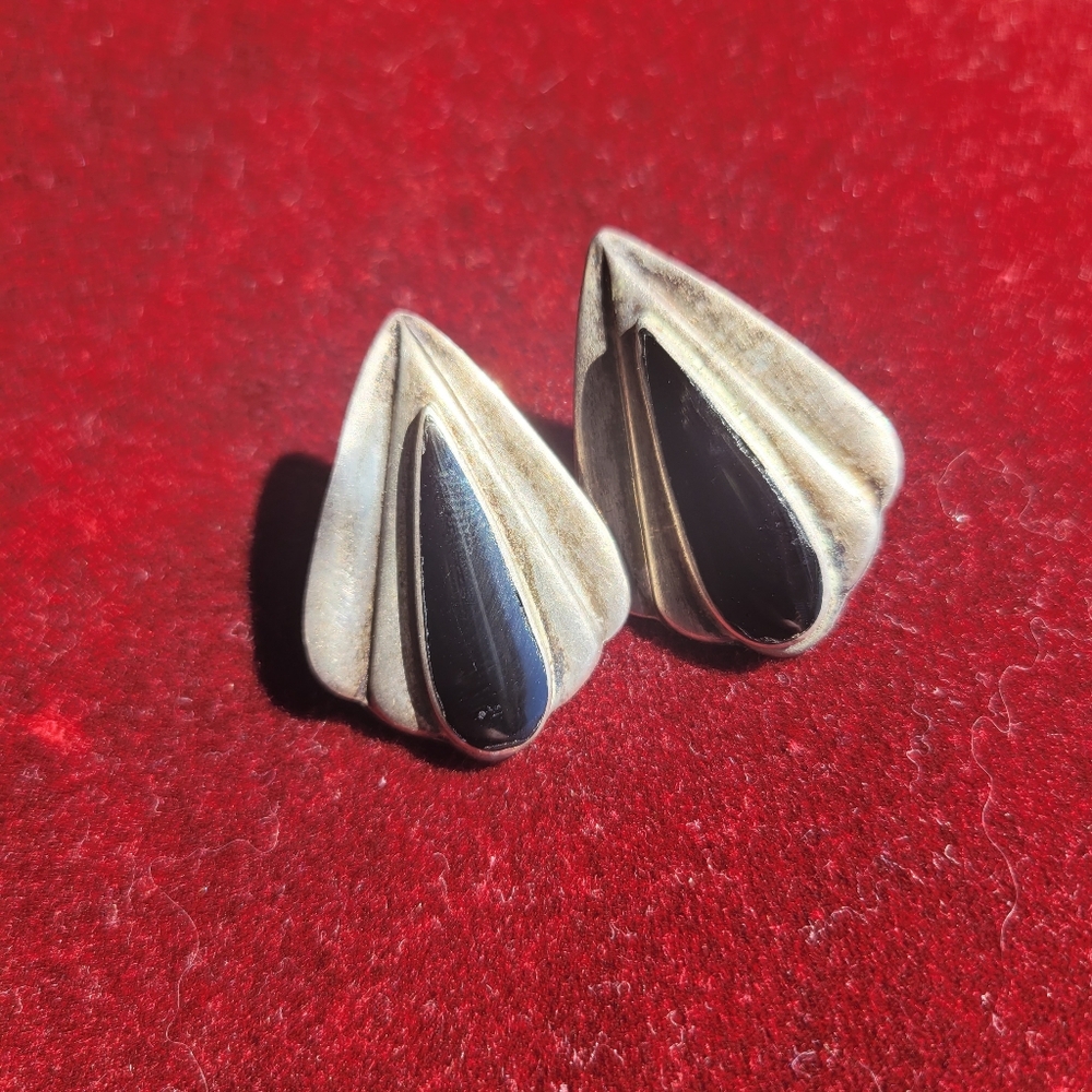 Vintage sterling silver black onyx earrings tribal 925